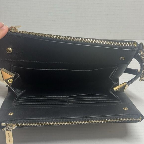 Michael Michael Kors Karla East West Leather Crossbody Bag Black and Gold - Picture 8 of 10